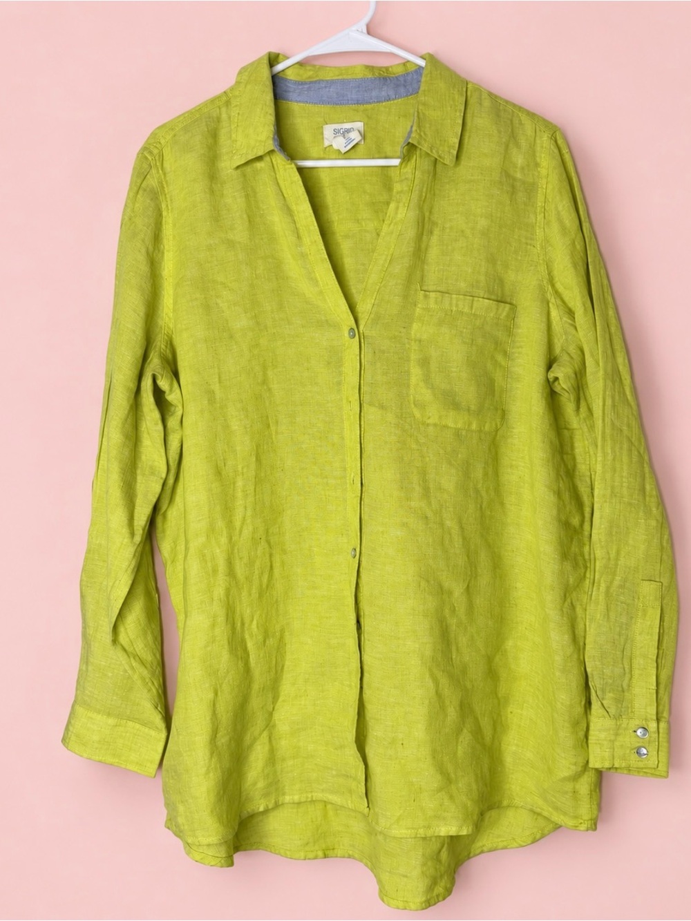 Vintage Sigrid Olsen Chartreuse 100% Linen Button-Up Shirt Large - Picture 2 of 7